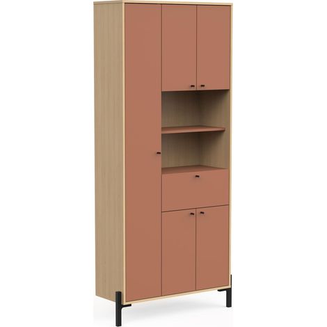 Colonne 4 Portes et 1 Tiroir avec Miroir H201,5 cm - Elisa - en Panneaux de Particules - Décor Abricot et Chêne - pour Chambre - L83,6 x l32,9 x H201,5 cm, Orange (1/5)