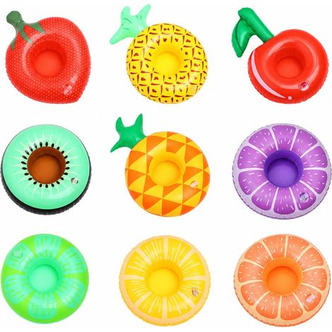 9 Porte Gobelets Gonflables Piscine Motifs Fruits en PVC motifs colorés PVC résistant pour verres canettes et bouteilles gonflage rapide pour piscine spa plage et fête (1/5)