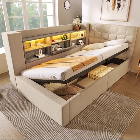 Bett Bettgestell Stauraum 90x200 LED Leinen OKMYHOME (1/5)