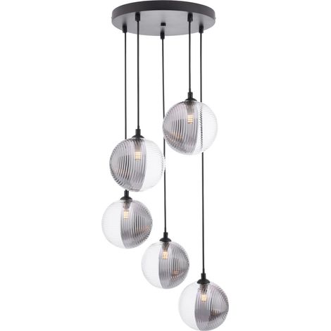 Dar Federico Suspension Federico à 5 lumières, noir mat, verre côtelé fumé/transparent (1/2)