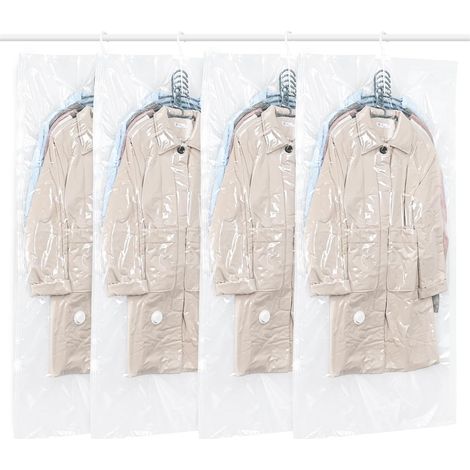 Juego de 4 bolsas de almacenamiento al vacío colgantes para ropa, bolsas transparentes y reutilizables para prendas de vestir, 145 x 70 cm de largo. (1/5)