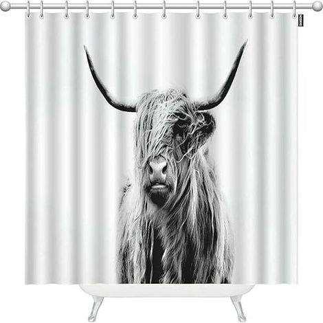 Filiyano-Rideaux à crochets avec motif animal à longs poils et cornes, yak gris au vent, fond simple pour douche et baignoire, 72 x 84 cm (1/5)
