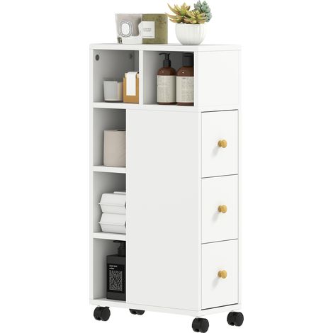 HOMCOM Mobile Bagno Slim con Ruote, 3 Cassetti e Ripiani Regolabili Bianco