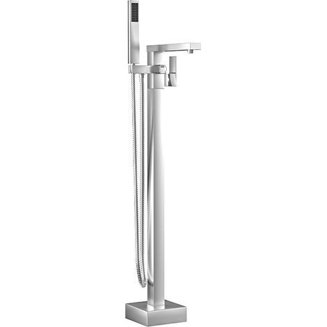 Rubinetto da bagno autoportante, beccuccio a cascata quadrato con maniglia singola, rubinetti per bagno in ottone, sistema doccia montato a pavimento con doccetta e set di tubi doccia, (1/5)