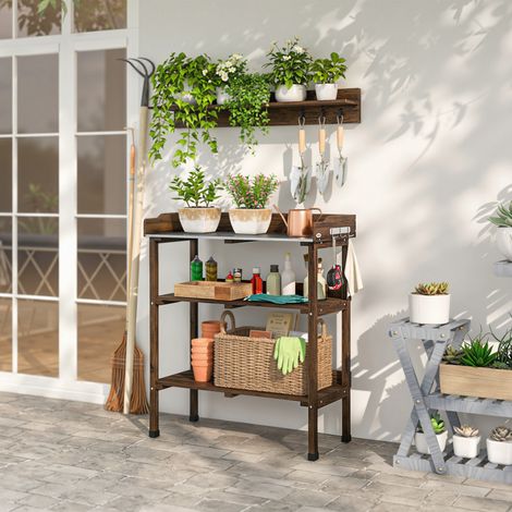 Mesa de Jardinería de Madera con Superficie Metálica Estantes y Ganchos para Jardín Terraza 76x37x89 cm Carbonizado