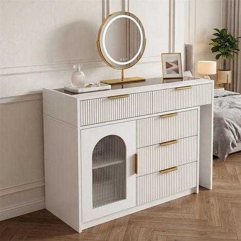 Coiffeuse bouclette 1 place 90-160x40x75cm - Table de maquillage extensible avec miroir LED et plateau en verre - Blanc (1/5)