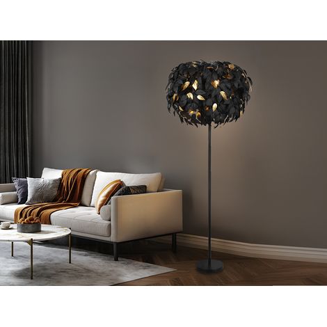 Große LED Stehleuchte mit Blätter Lampenschirm Schwarz Gold, Höhe 180cm (1/5)