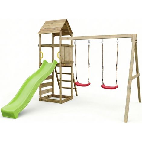 Parco giochi in legno Maxplay 2.2 con scivolo verde, doppia altalena e torre (1/5)