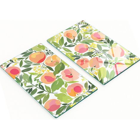 Dos tablas de cortar decorativas de vidrio templado con dise帽o de melocotones, 2x30x52 cm.