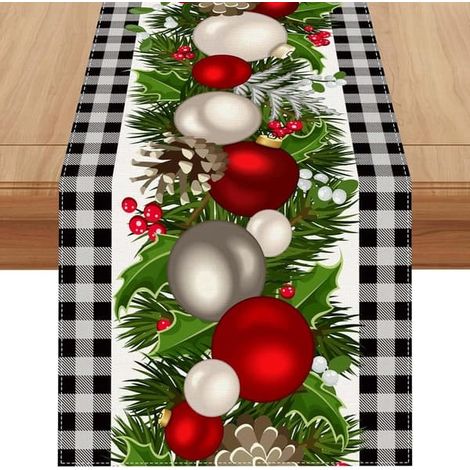 Chemin de table en lin à carreaux noirs et blancs, motif Noël, 91 cm de long, style champêtre, décoration de Noël et d'hiver, blanc (1/5)