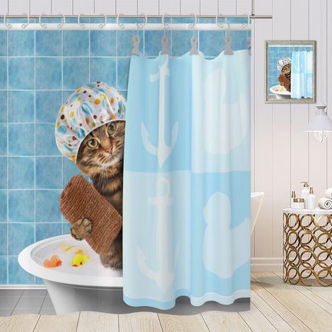 Rideau de Douche Funny 180x180 cm, Bleu Funny Cat Baignoire Douches Enfant Rideaux de Douche Tissu Lavable Textile Rideau Douche imperméable pour Baignoire avec 12 Crochets (1/5)