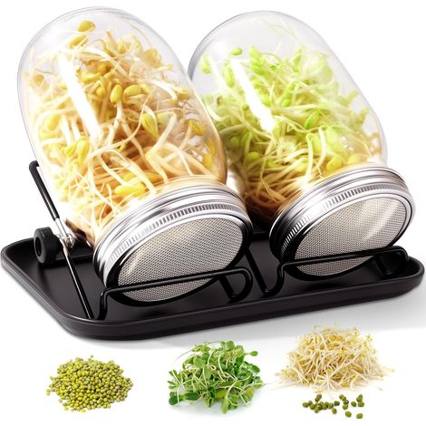 2 Bocal De Germination, 1000ml, Couvercle Grille Inox, Support Réglable, Plateau Noir, Cuisine (1/5)