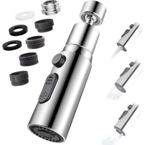 Aérateur de Robinet, 360° Pivotant Embout Robinet Cuisine avec 3 Modes Douchette Mousseur Robinet Economie Eau, Adaptateur Economiseur D'eau Pour Robinet Salle De Bain lavabo (Argent) (1/5)