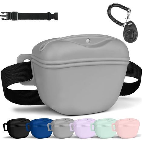 Sac Friandise pour Chien en Silicone, Accessoires Sac D'entraînement Doggie Treat Sac Pochette, Sacs de Nourriture Portables pour Les Promenades du Chien avec Clicker et Ceinture Dressage(Gris) (1/5)