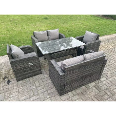 Fimous 6 Seater Dark Grey PE Wicker Rattan Garden Furniture Set Reclining Chair 2 Seater Love Sofa Set Outdoor Rectangular Dining Table (1/4)