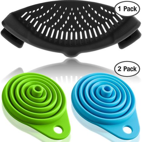 passoire En Silicone Avec 2 Entonnoirs Pliables Noir - Fixez La Passoire  La Casserole Pour Goutter Vos Aliments (1/5)
