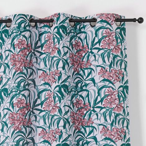Rideau Imprimé Fleurs roses aux feuilles vertes - 145x250cm - Vert sapin (1/3)