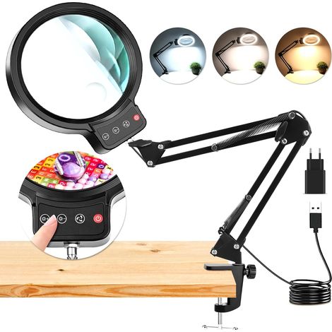 10X 30X Loupe avec Lumière et Serrer, Lampe Loupe Éclairée à 36 LED, 3 Modes de Couleur, Lampe de Bureau Loupe Mains Libres pour la Lecture, l'Artisanat, Les Loisirs, Le Travail de Près (1/5)