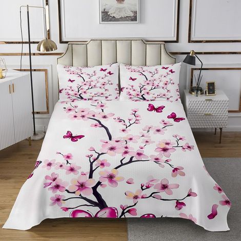 Couvre-Lit 240x220 Sakura Dessus de Lit Printemps Élégant Fleur Papillon Couverture de Lit Femme,Fille Style Japonais Couette Plante Pollen Violet (1/4)