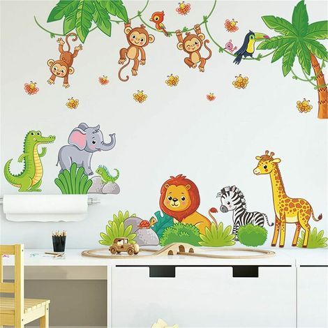Stickers muraux animaux mignons de dessins animés pour enfants, lion, singe, girafe, éléphant, zèbre, crocodile, toucan amovibles, décoration à faire soi-même pour chambre de bébé, chambre à coucher, (1/5)