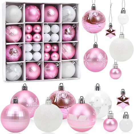 Boules de Noel 44 Pièces, Boule de Noel Rose et Blanc, Decoration Noel Sapin Plastique, Boules et Étoiles de Sapin de Noël, Suspendues Ornements pour Arbre de Noel Maison Jardin (1/5)