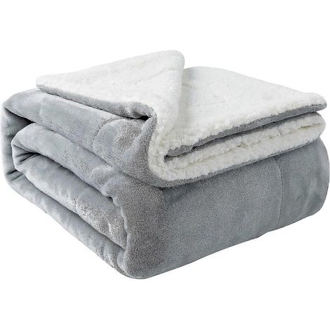 Couverture Sherpa chaude pour l'hiver, ultra douce et duveteuse, aspect flanelle/laine, réversible, en velours peluche, légère (jeté gris clair S) (1/5)