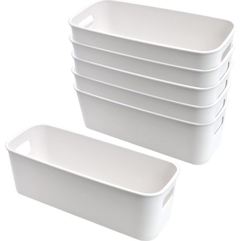 Juego de 6 cestas y cajas de almacenamiento de plástico, 24x9x8 cm, cesta de almacenamiento estrecha para cocina con asa, apilable, para baño, oficina y armario. (1/5)