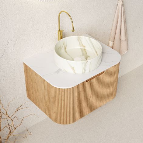 Mobile bagno sospeso con lavabo rotondo in ceramica bianco, mobile in legno naturale, 2 pacchi (1/5)