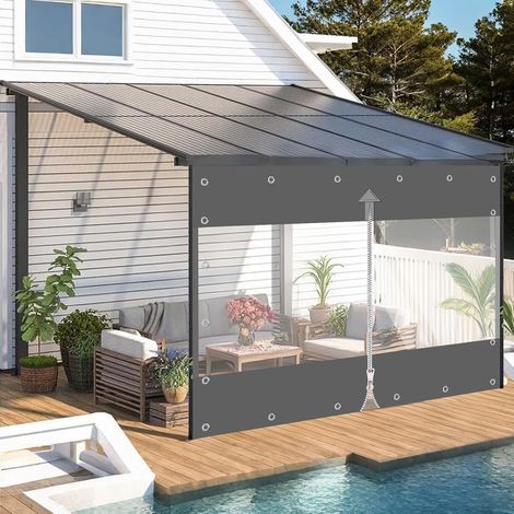 Transparent PVC Tarpaulin, 650 g/m², Outdoor Curtain with Zipper, Waterproof Tarpaulin, Wind and Rain Protection for Gazebo, Balcony, Patios (Grey, Height 8 ft x Width (1/5)