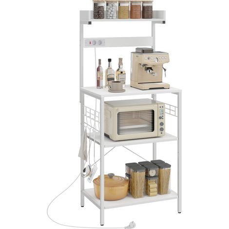 HOMCOM estantería de cocina con 2 tomacorrientes, estación de café, estante para microondas, estante ajustable, ganchos, 60x42x137 cm blanco