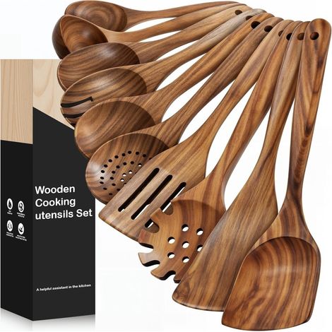 Lot de 12 cuillères en bois pour la cuisine – Ustensiles de cuisine en bois de teck naturel – Résistantes et durables – Adaptées aux poêles antiadhésives – Faciles à nettoyer