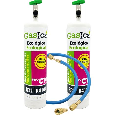Pack 2 GASICA C10 PRO 400g  Sustituto R410A R32  Kit con Válvula, Manguera y Adaptador 5/16  Gas Ecológico Profesional