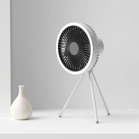 Ventilateur trépied extérieur – USB rechargeable, batterie externe, veilleuse, 3 vitesses/éclairages/minuterie – Camping, maison, bureau, pique-nique (1/5)