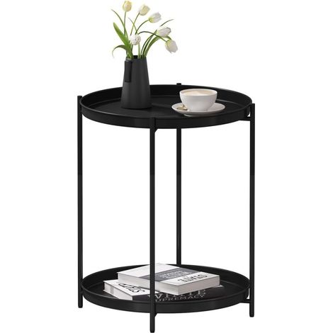 Table Basse Ronde - 2 Plateaux - Métal Noir - Design Moderne - Salon et Chambre - Diamètre 44 cm