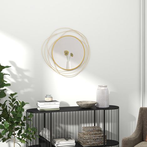 Espejo de pared redondo moderno con ganchos, espejo de pared de cristal y metal, Ø65x1 cm, dorado