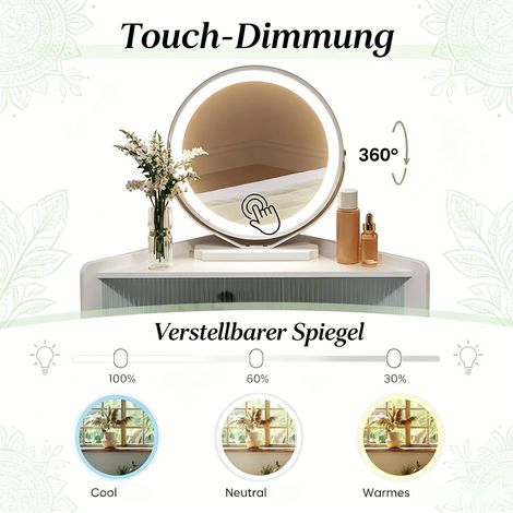 Coiffeuse d'angle avec miroir rond, meuble de maquillage compact pour petit espace, table de toilette moderne, sans tabouret, finition élégante, 1 pièce (1/5)