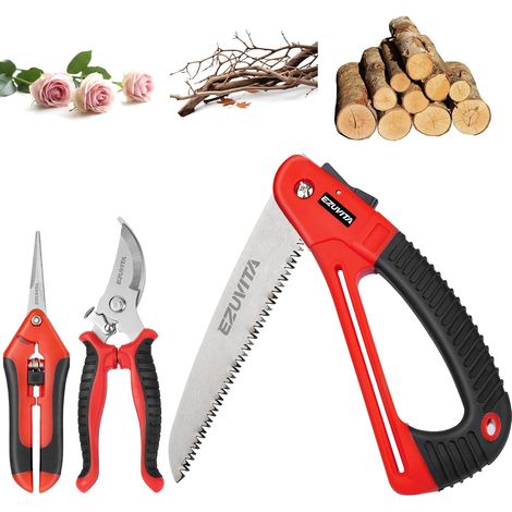 Scie à Elaguer 180mm avec Sécateurs et Ciseaux de Jardinage, Scie Pliante avec Verrouillage Sécurisé, Triple Denture, 7 TPI, Idéale pour le Travail du Jardinage, le Camping, le Bushcraft (1/5)