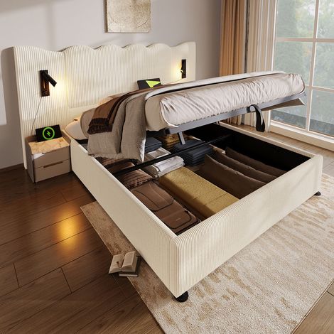 Lit coffre 252x215x111 cm en tissu côtelé beige, liseuse USB-C, pour chambre, sans matelas – MEUBLIV (1/5)