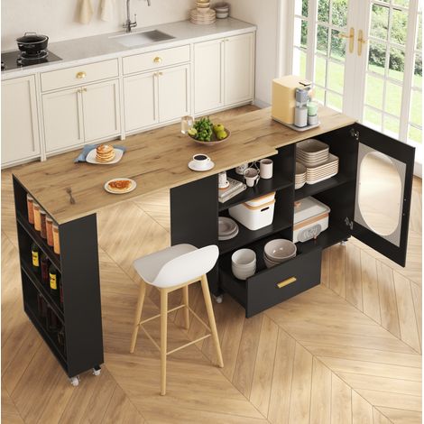 Isola cucina mobile 120-180x60x90 cm con piano girevole a 360°, vani portaoggetti e ruote, in MDF nero naturale (1/5)