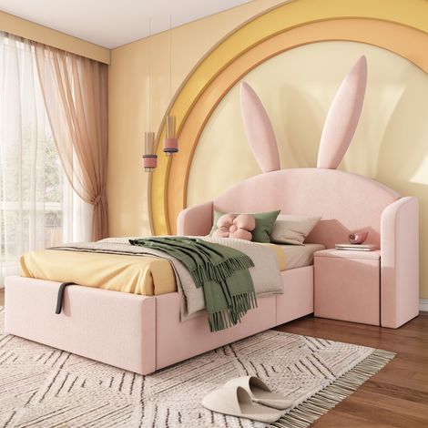 lit enfant rangement 90 sur 190 velours rose avec chevet HAVRYA (1/5)