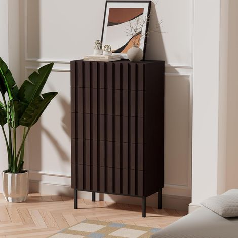 UEV Cassettiera Naturale con 5 Cassetti, Settimino Salvaspazio con Motivo a Doghe di Legno, Cassettiere Camera da Letto Solida e Stabile con Design Antiribaltamento, 60 x 34 x 110 cm, Noce (1/5)