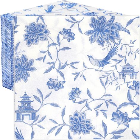 100 x serviettes de table en papier jetables bleu doux à motif Chinoiserie, serviettes de fête pour anniversaire, mariage, EVJF, vaisselle jetable, fabriquées dans l'UE, 2 plis, 33cm (1/5)