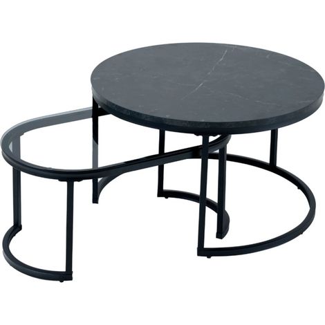 Tables basses gigognes VELTO noires effet marbre avec plateau en verre trempé