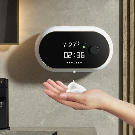 Distributeur automatique de savon liquide mural sans contact, avec capteur infrarouge, température temporelle, distributeur de savon rechargeable par USB pour cuisine et salle de bain (blanc (1/5)