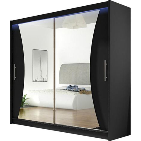 Armoire Closico 124, Noir, 215x180x57cm, Portes d'armoire: Coulissantes, Nombre d'étagères: 5, LED (1/4)