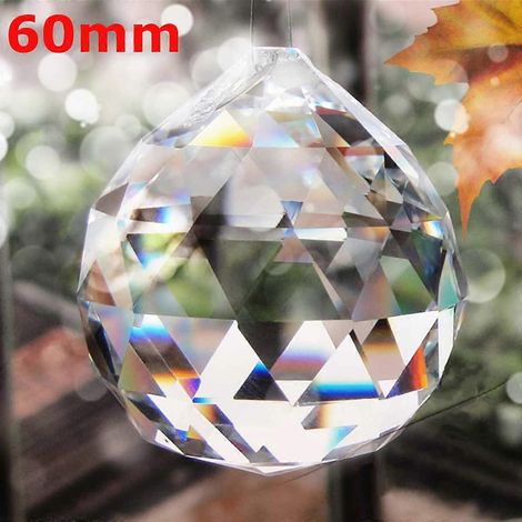Boules de cristal en verre transparent facettées rondes de 60 mm à suspendre, avec corde. Idéales pour la décoration de rideaux, lustres et autres objets. (1/2)