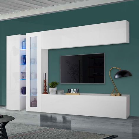 Meuble mural Joy Duet blanc pour salon avec meuble TV, vitrine et armoire (1/5)