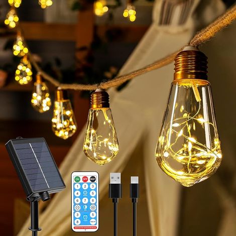 Guirlande Lumineuse Exterieure Solaire 8 m, 16 Ampoules S17, Corde (1/5)