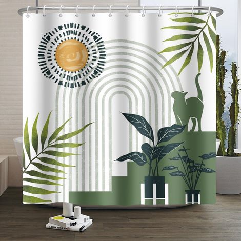 120x180cm Rideau de Douche Boho Chat Rigolo Feuilles de Palmier Rayures géométriques Rideau de Salle de Bain Arche Vintage Soleil Plante Tropicale Blanc Résistant à la moisissure Décoration (1/5)