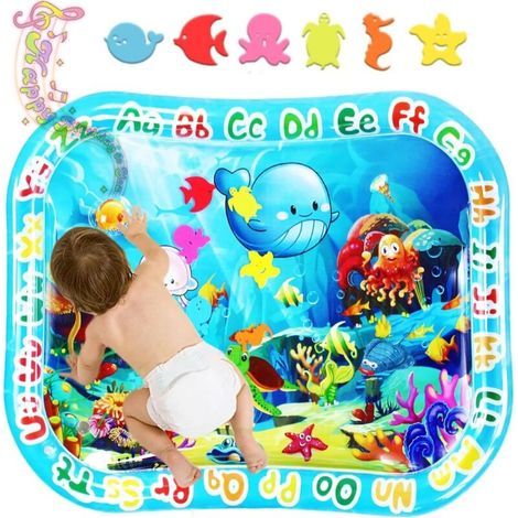 Tapis d’Eau pour Bébé Grand 95x76cm, Tapis Eau Gonflable Non Toxique pour Nourrissons & Tout-Petits avec Animaux Marins, Water Mat Tummy Time Jouet Sensoriel pour Apprendre et Jeu (Bleu) (1/4)